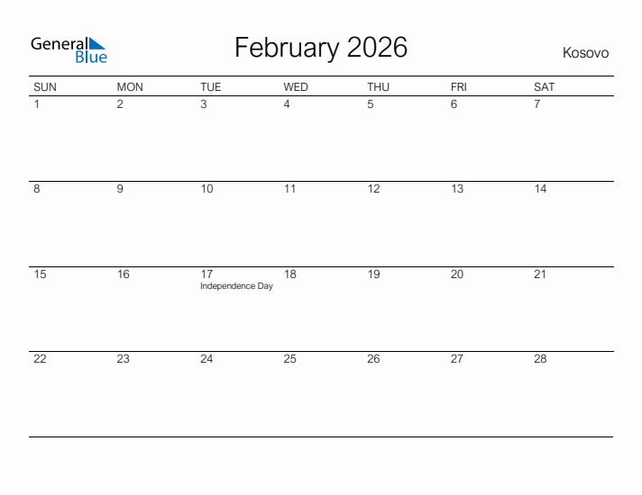 Printable February 2026 Calendar for Kosovo