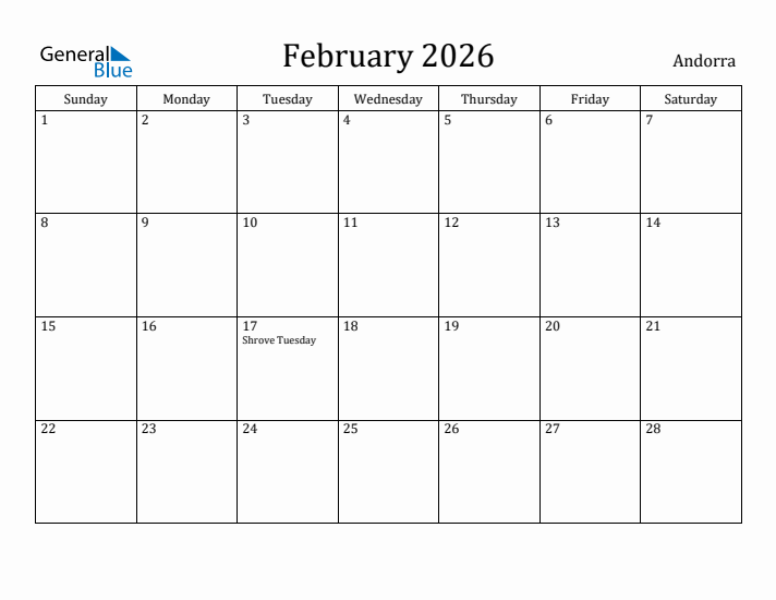 February 2026 Calendar Andorra