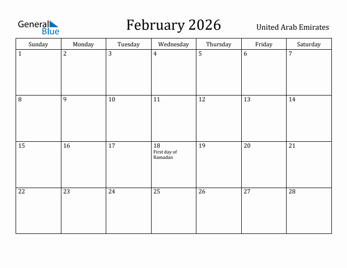 February 2026 Calendar United Arab Emirates