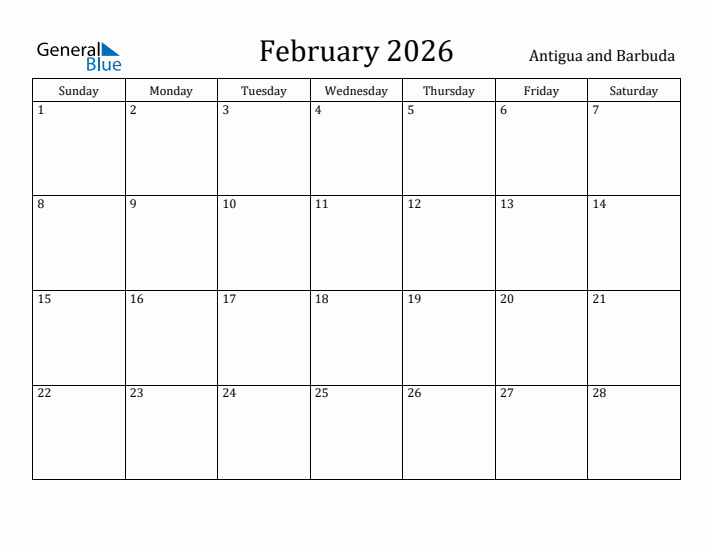 February 2026 Calendar Antigua and Barbuda
