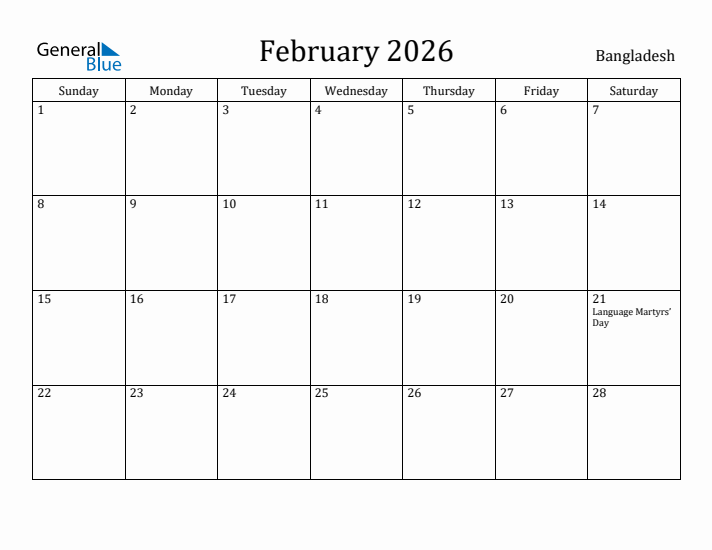 February 2026 Calendar Bangladesh