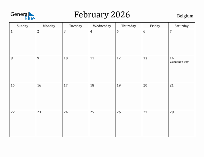 February 2026 Calendar Belgium