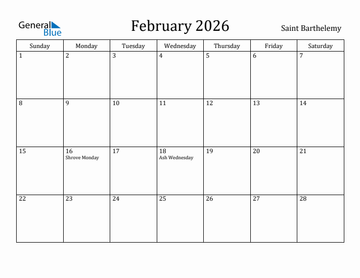 February 2026 Calendar Saint Barthelemy
