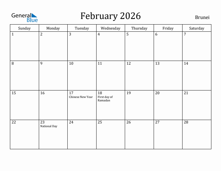 February 2026 Calendar Brunei