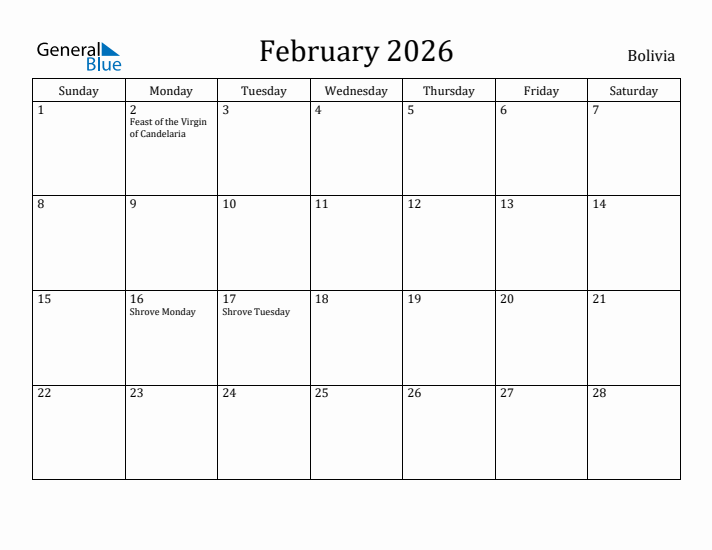 February 2026 Calendar Bolivia