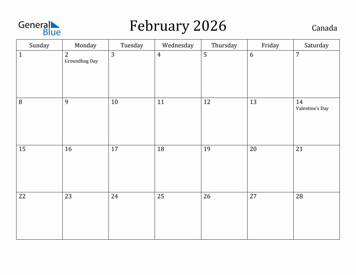 February 2026 Monthly Calendar with Canada Holidays