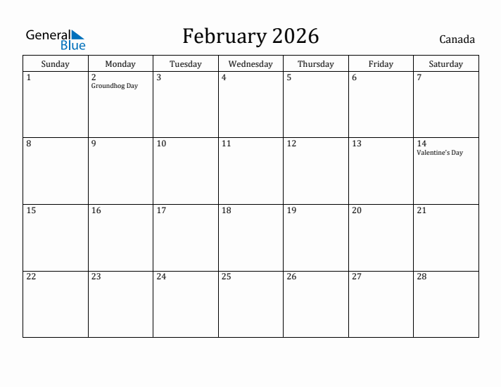 February 2026 Calendar Canada