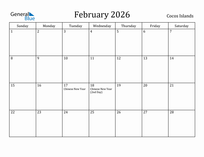 February 2026 Calendar Cocos Islands
