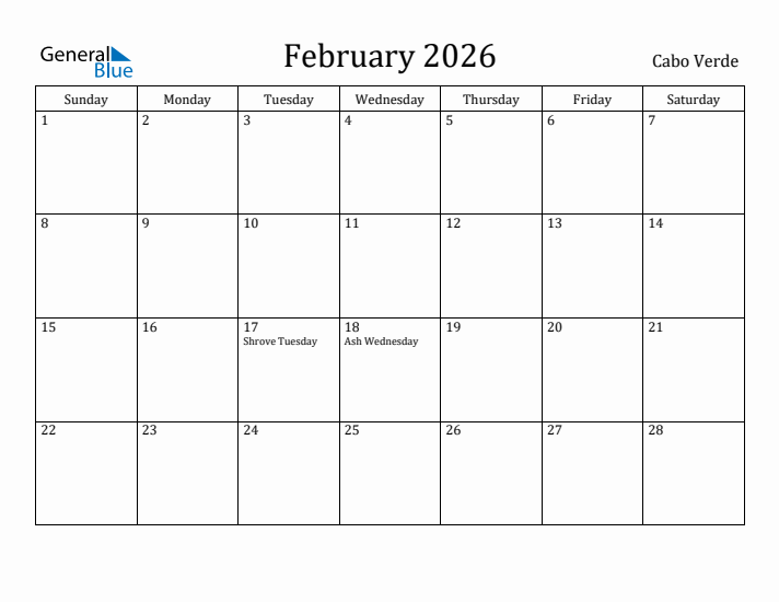 February 2026 Calendar Cabo Verde