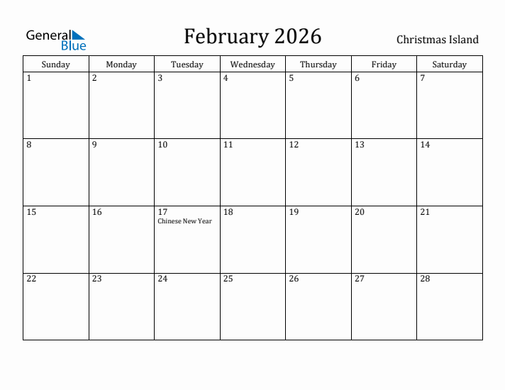 February 2026 Calendar Christmas Island