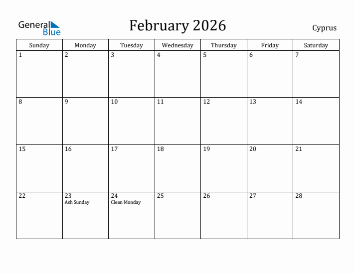 February 2026 Calendar Cyprus
