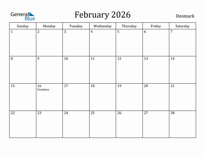 February 2026 Calendar Denmark