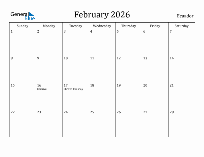 February 2026 Calendar Ecuador
