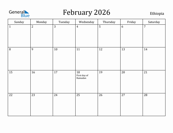 February 2026 Calendar Ethiopia