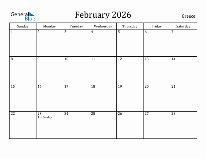 February 2026 Calendar Greece