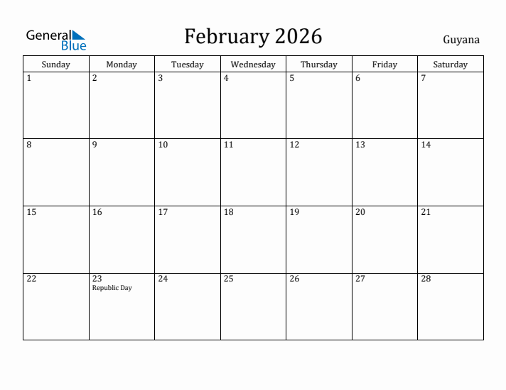 February 2026 Calendar Guyana
