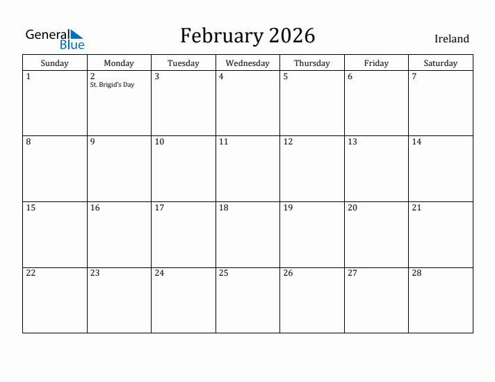 February 2026 Calendar Ireland