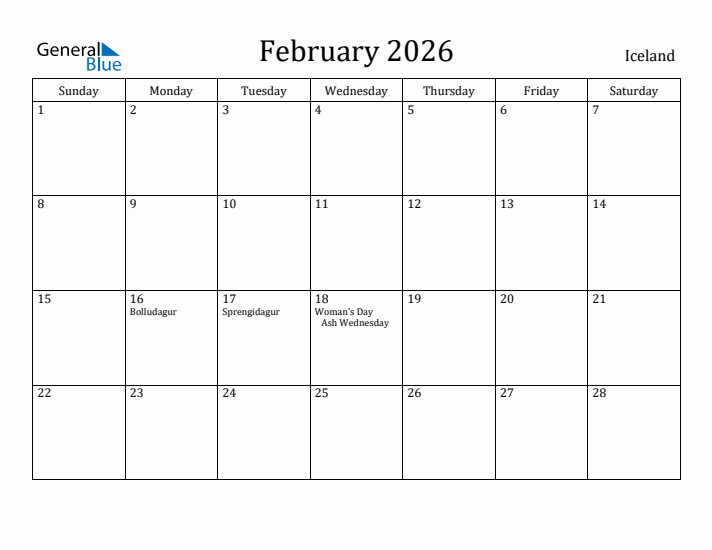 February 2026 Calendar Iceland