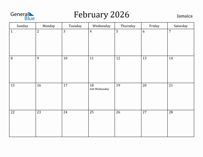 February 2026 Calendar Jamaica