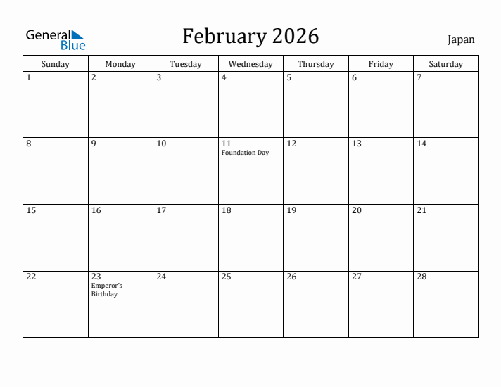 February 2026 Calendar Japan