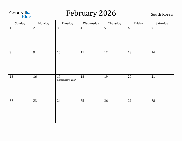 February 2026 Calendar South Korea