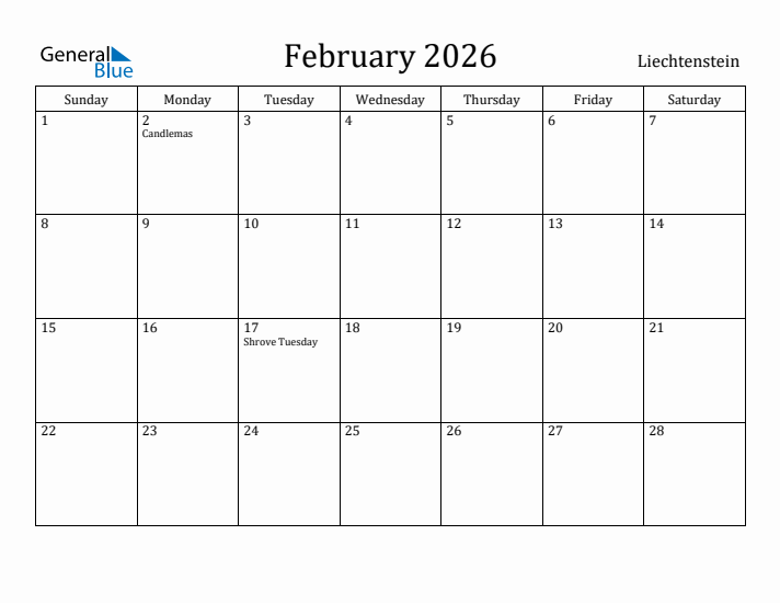 February 2026 Calendar Liechtenstein
