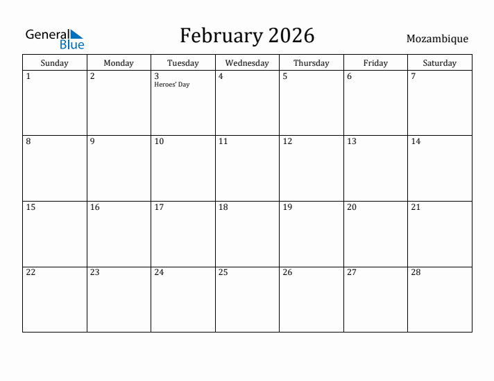 February 2026 Calendar Mozambique