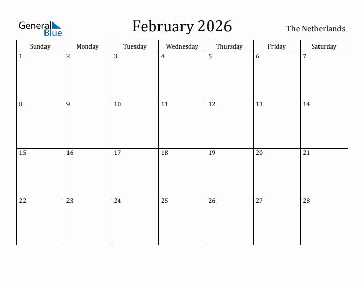 February 2026 Calendar The Netherlands