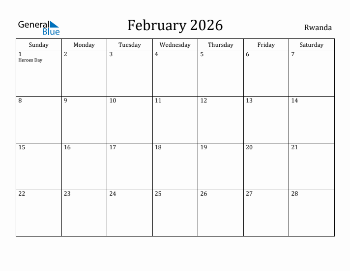February 2026 Calendar Rwanda