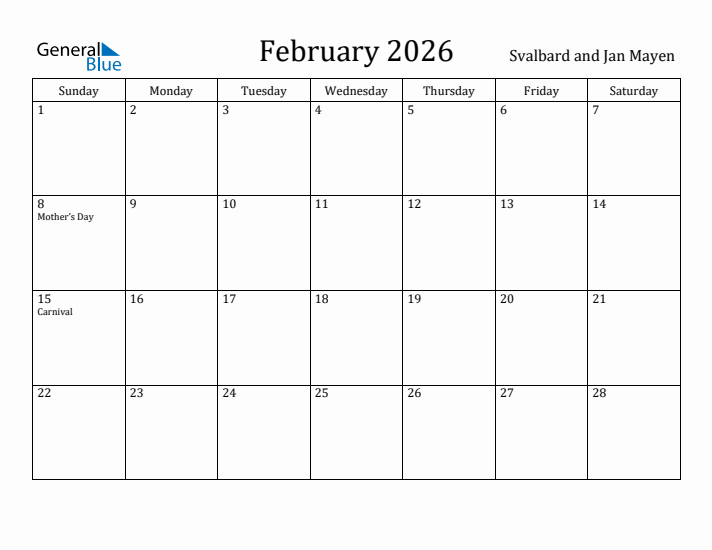 February 2026 Calendar Svalbard and Jan Mayen