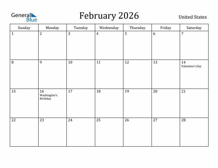 February 2026 Calendar United States