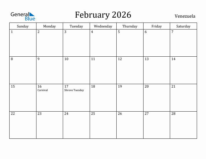 February 2026 Calendar Venezuela