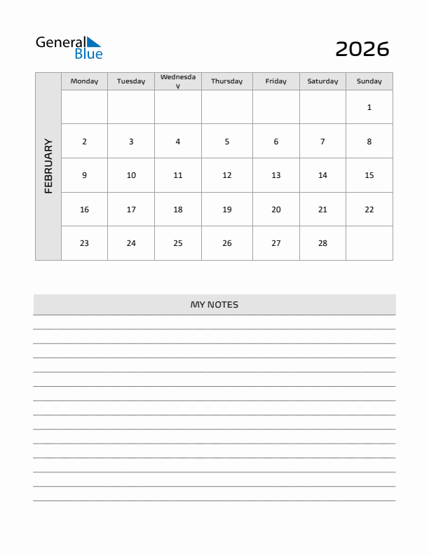 February 2026 Calendar Printable