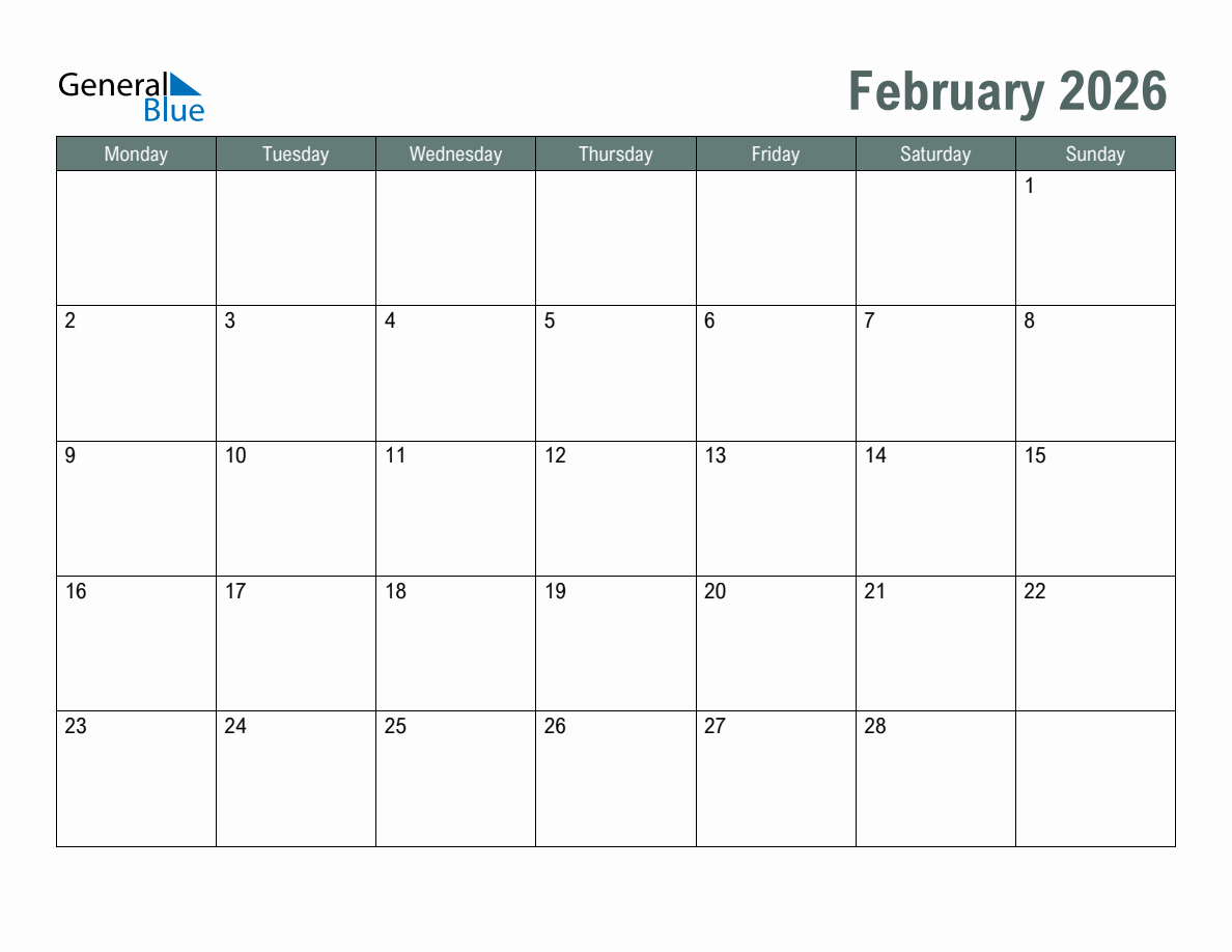 Blank February 2026 Monthly Calendar Template