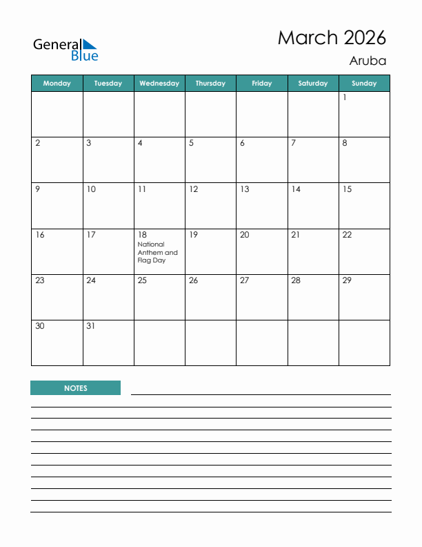 Calendar with Notes Printable - Monday Start