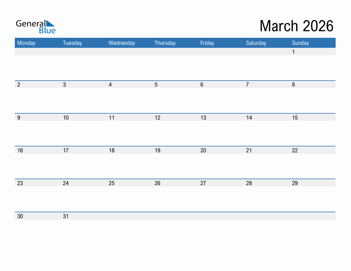 Editable Calendar Template for March 2026