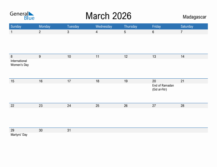 Fillable March 2026 Calendar