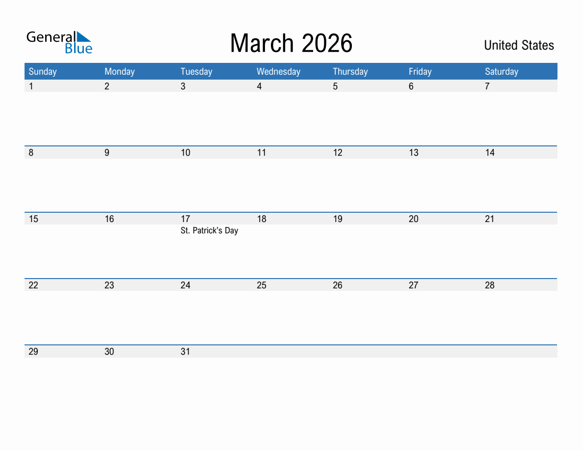 March 2026 Monthly Calendar with United States Holidays