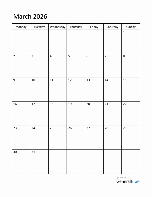 Monday Start Calendar for March 2026