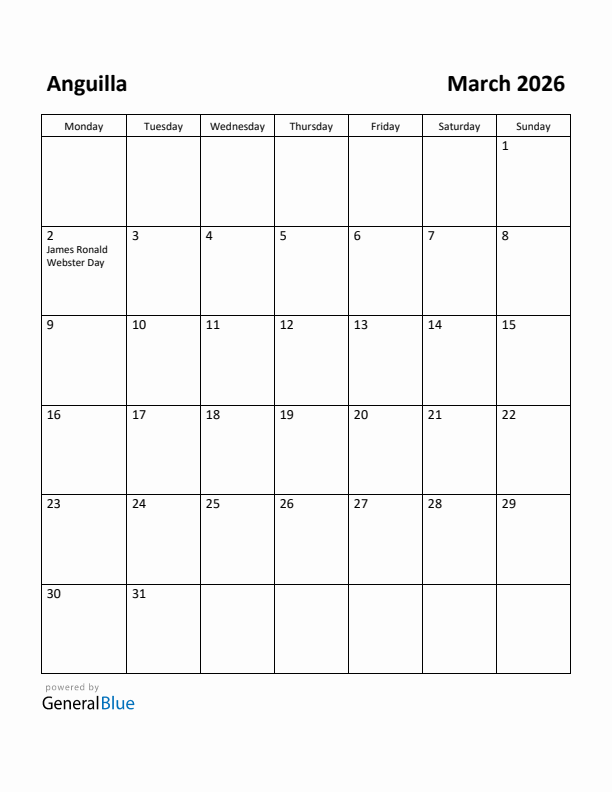 March 2026 Calendar with Anguilla Holidays