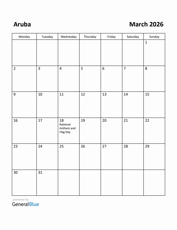 March 2026 Calendar with Aruba Holidays