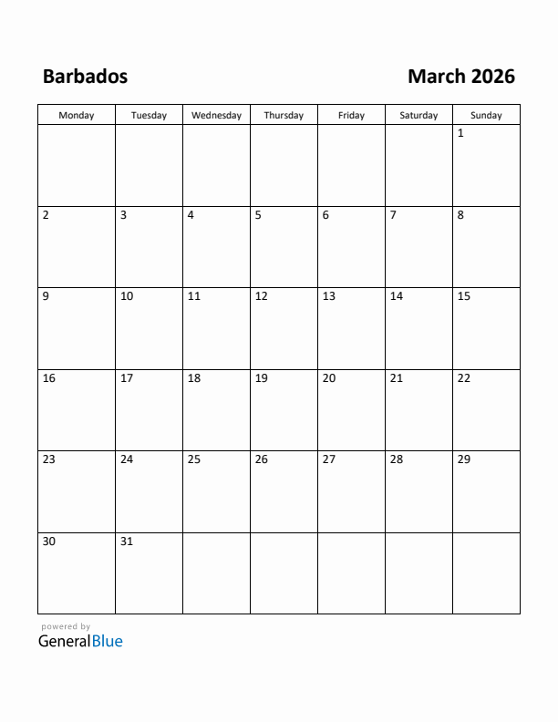 March 2026 Calendar with Barbados Holidays