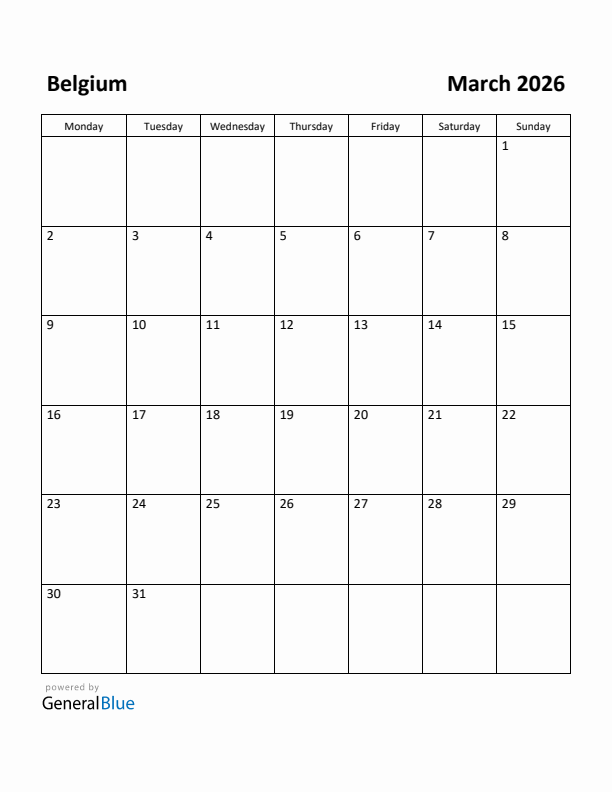March 2026 Calendar with Belgium Holidays
