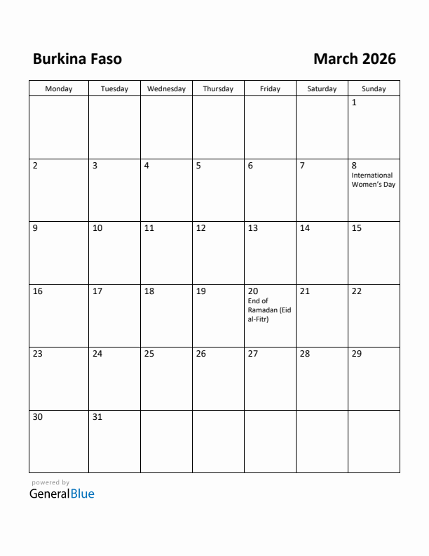 March 2026 Calendar with Burkina Faso Holidays