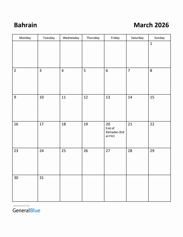 March 2026 Calendar with Bahrain Holidays