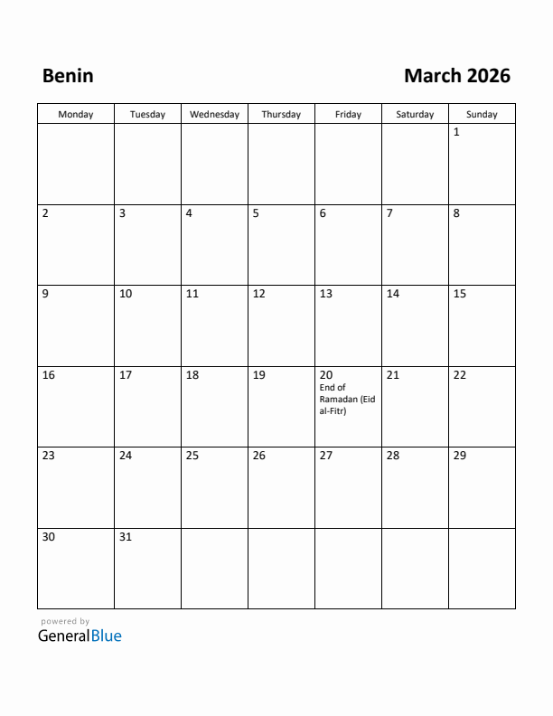 March 2026 Calendar with Benin Holidays