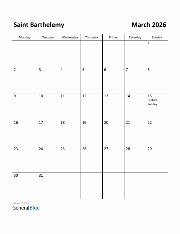 March 2026 Calendar with Saint Barthelemy Holidays