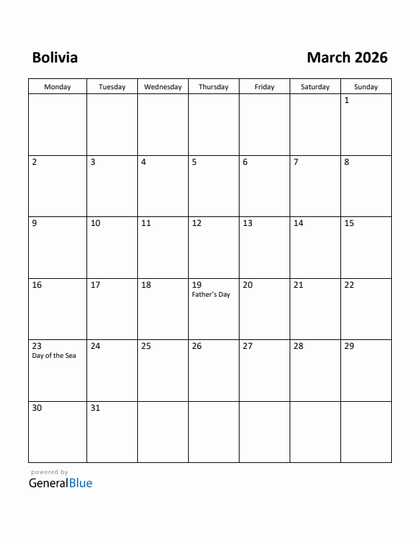 March 2026 Calendar with Bolivia Holidays