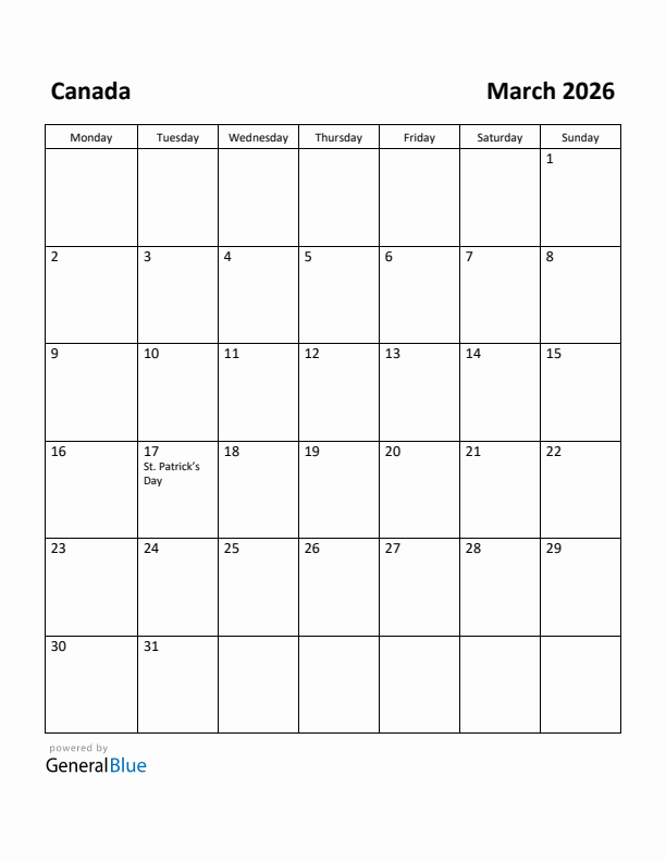 March 2026 Calendar with Canada Holidays
