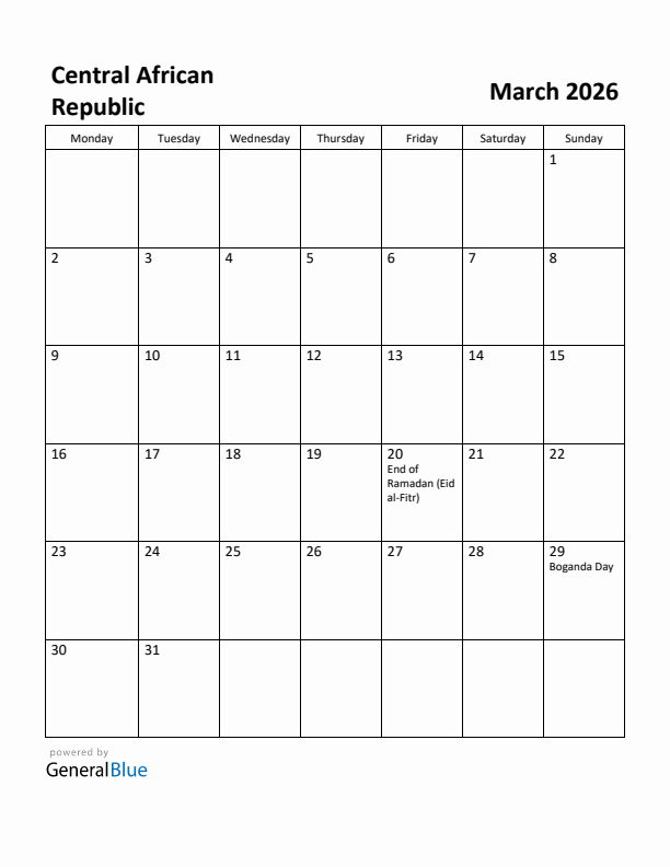 March 2026 Calendar with Central African Republic Holidays
